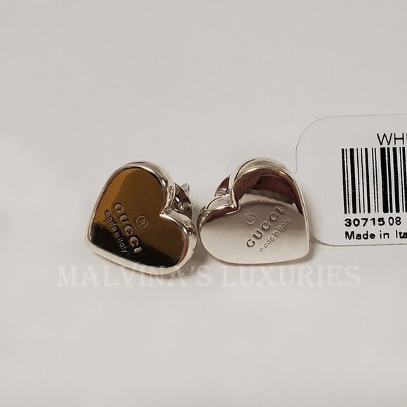 GUCCI EARRINGS STERLING SILVER HEART STUD TRADEMARK LOGO - Picture 4 of 7